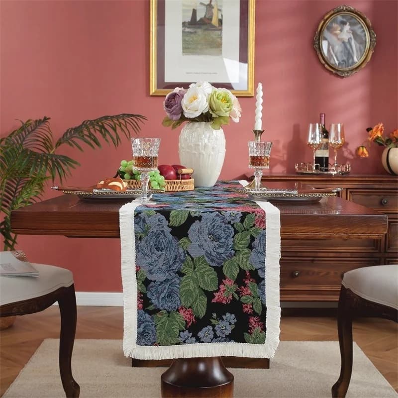 Camino de Mesa de Mezcla de Algodón y Lino Estilo Pintura al Óleo para Decoración de Comedor