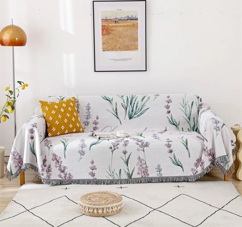 Manta de sofá de mezcla de algodón y lavanda francesa para sofá de tres plazas