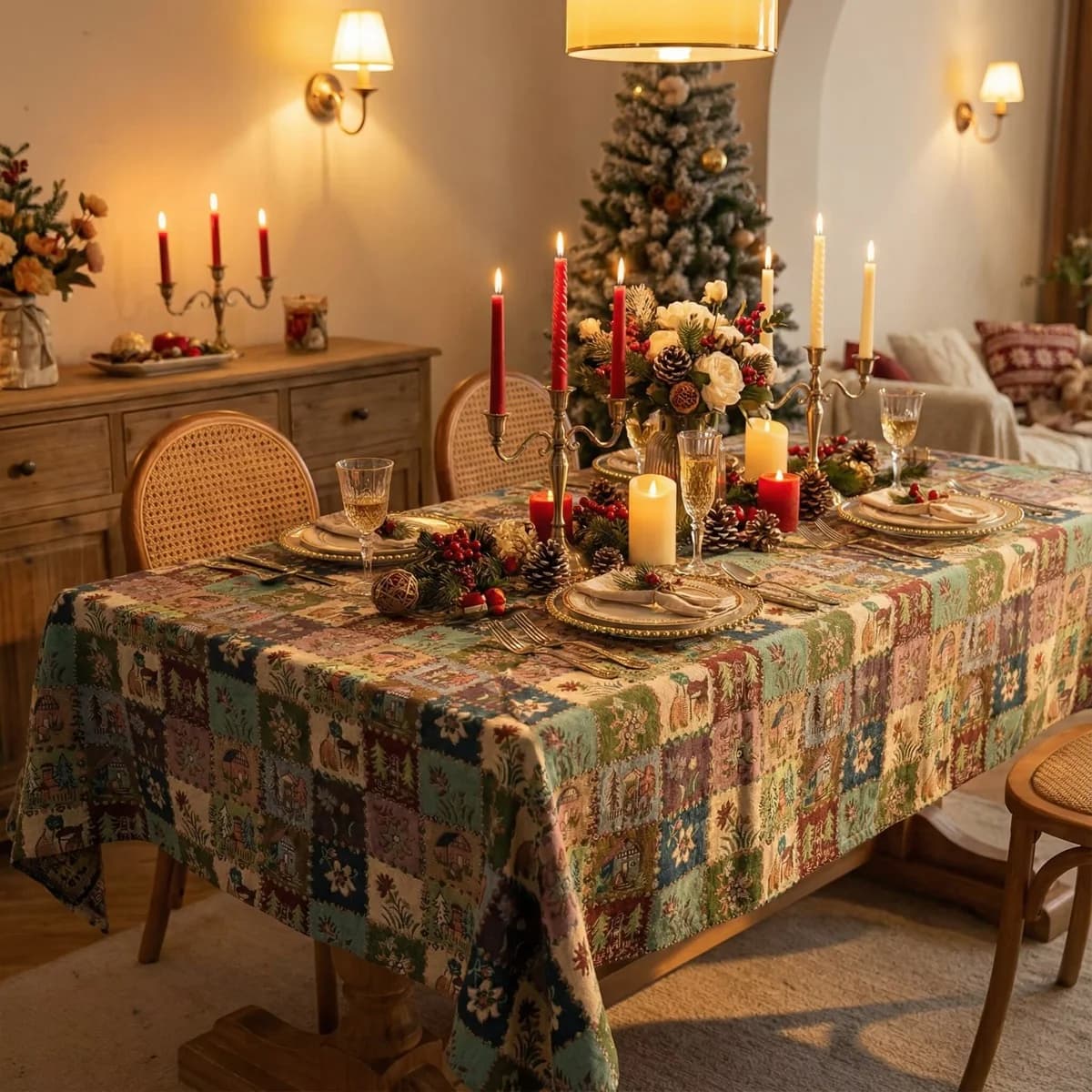 Camino de Mesa y Mantel de Mezcla de Algodón con Patrón Jacquard Floral