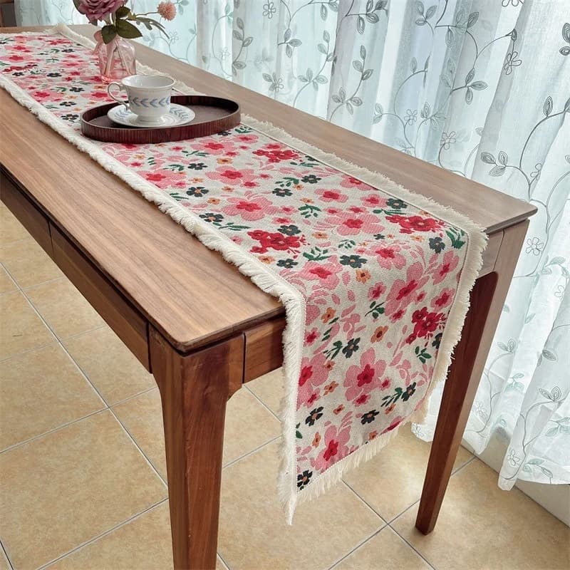 Camino de Mesa Estilo Country Americano, Mezcla de Algodón con Decoración Floral