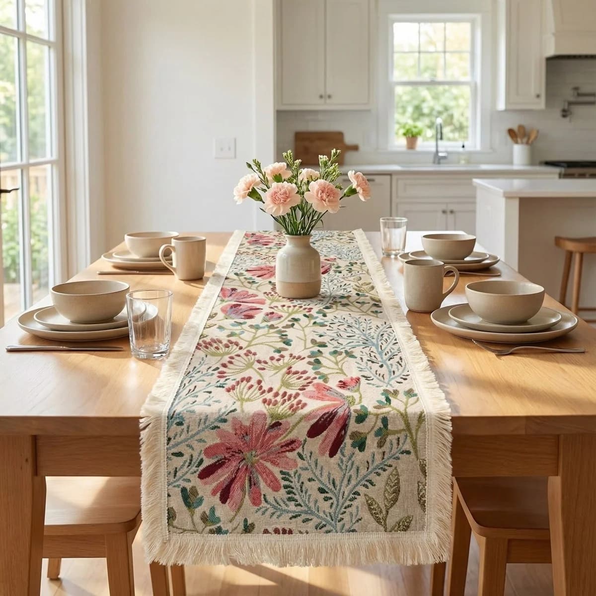 Camino de Mesa Jacquard Mezcla de Algodón Estampado Floral para Decoración de Comedor