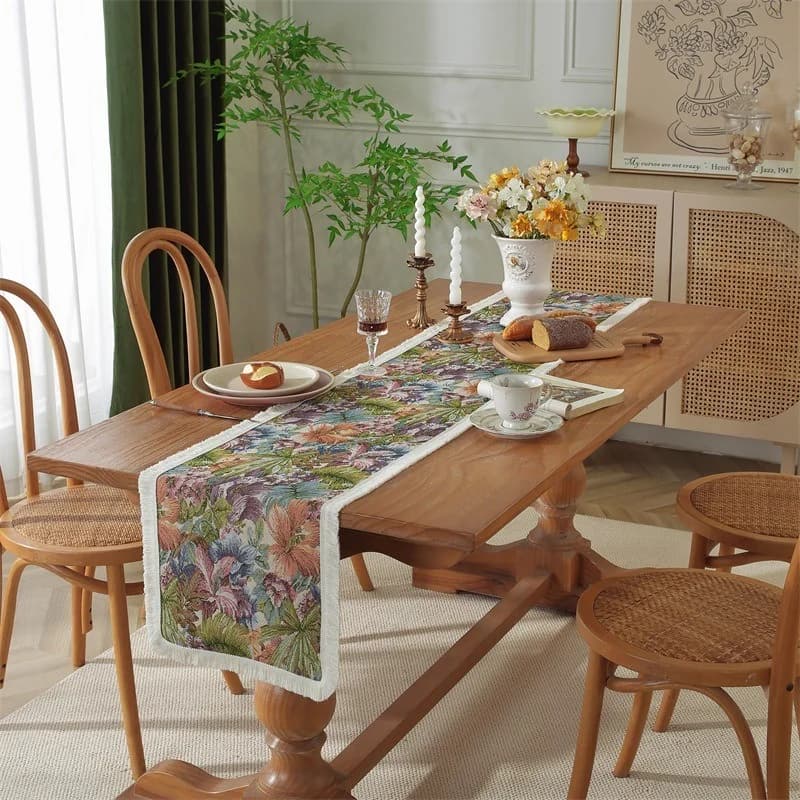 Camino de Mesa Estilo Country Americano Algodón y Lino Floral