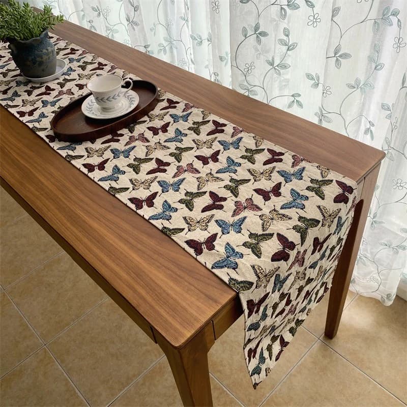 Camino de Mesa Jacquard Estilo Rústico Country Floral y Mariposa