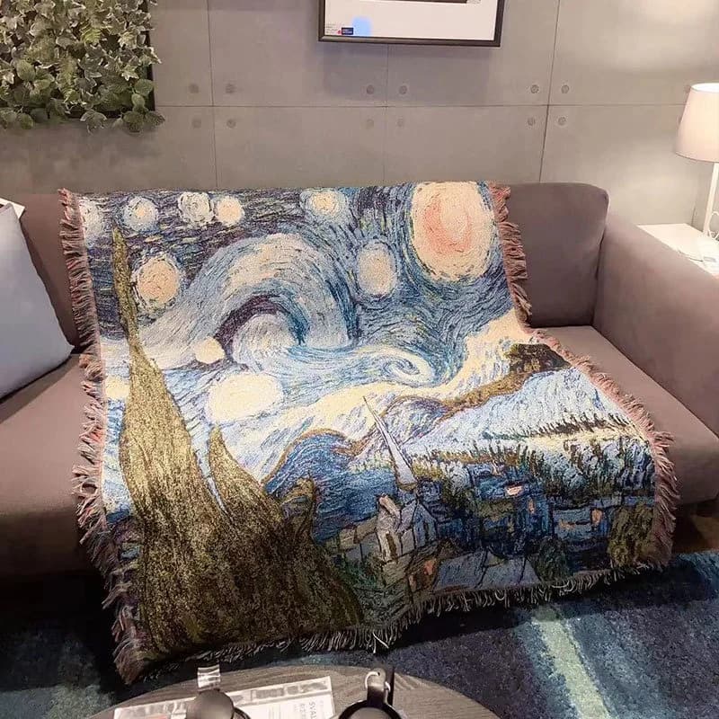 Manta Decorativa de Sofá La Noche Estrellada de Van Gogh, Mezcla de Algodón