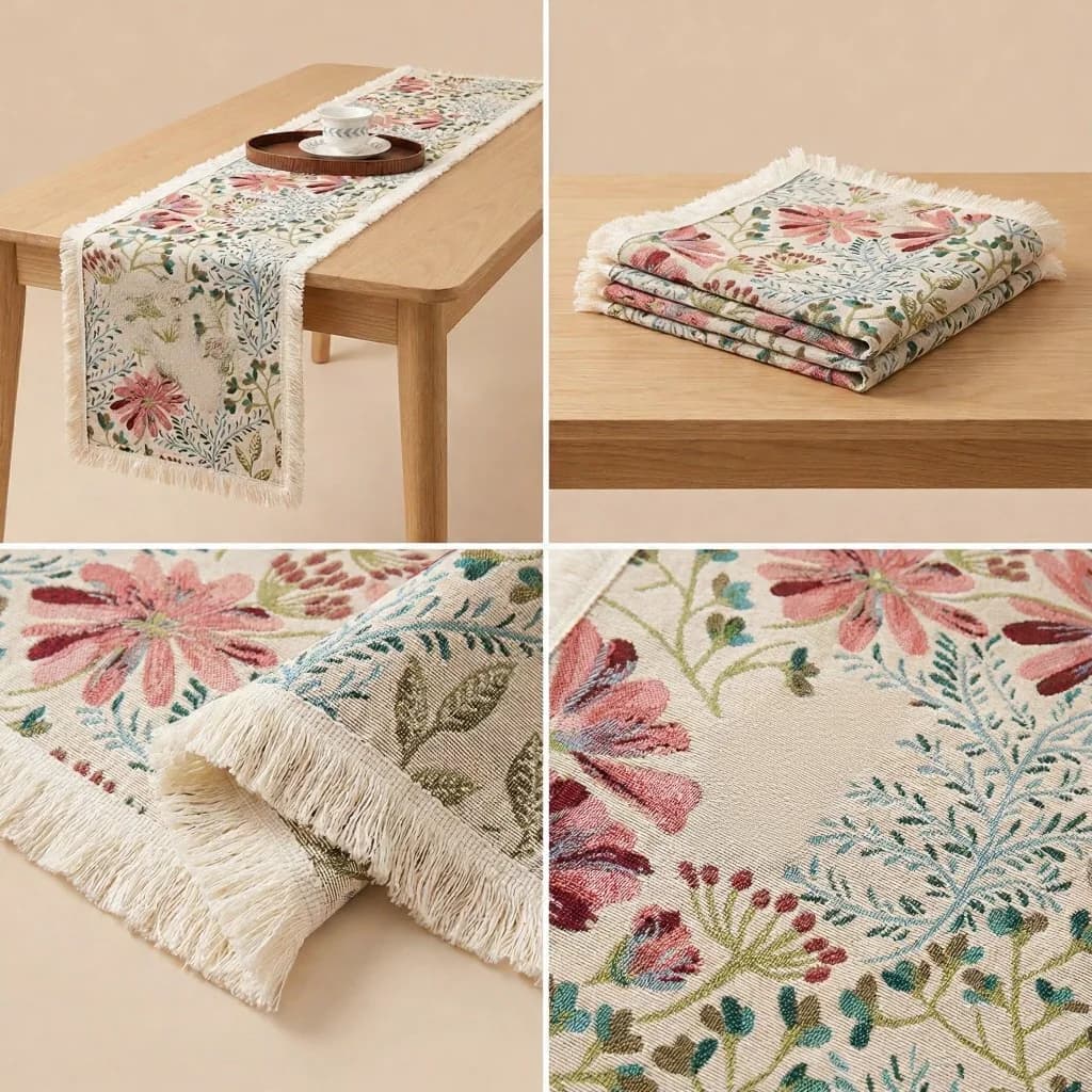 Camino de Mesa Jacquard Mezcla de Algodón Estampado Floral para Decoración de Comedor