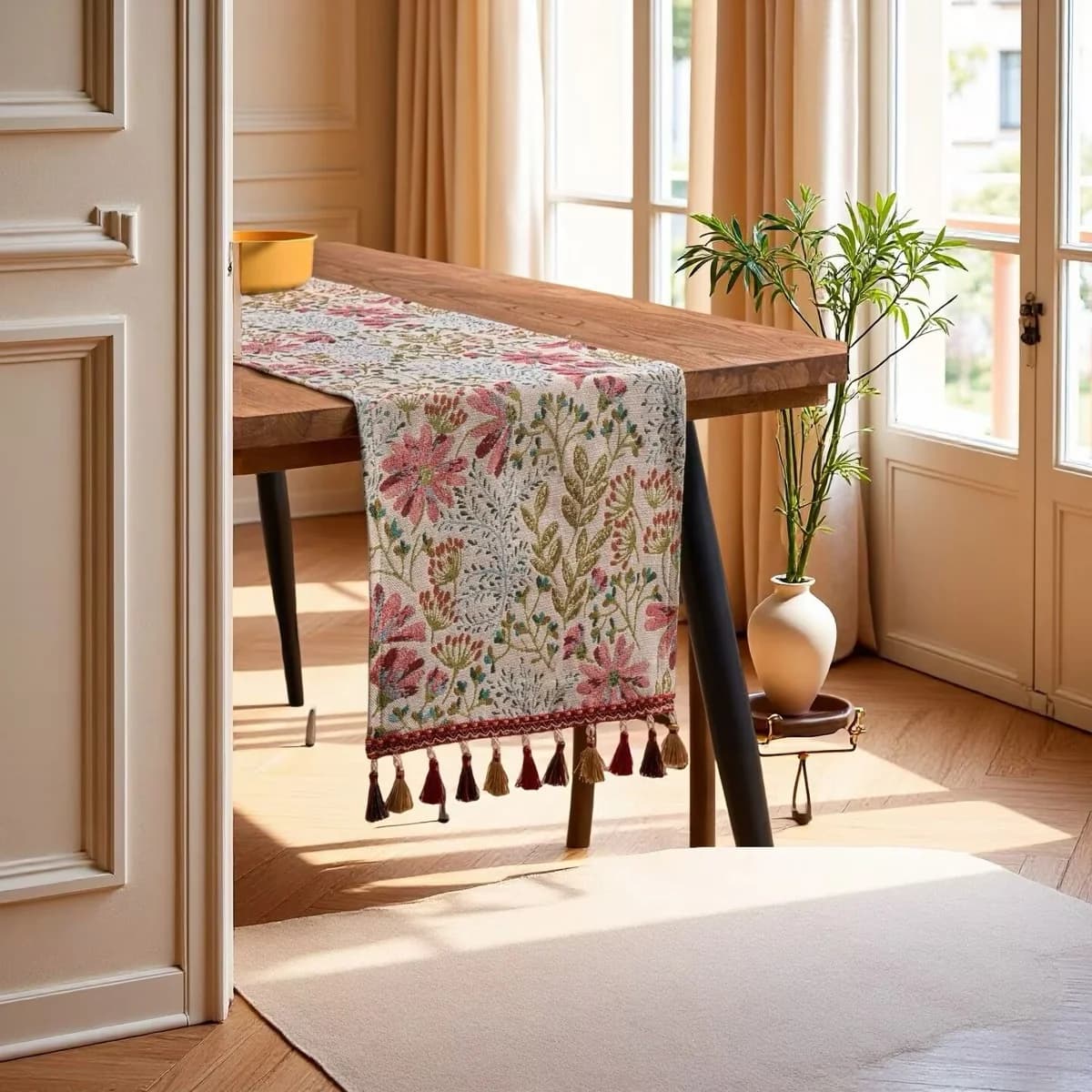 Camino de Mesa Estilo Americano con Borlas para Comedor y Decoración del Hogar
