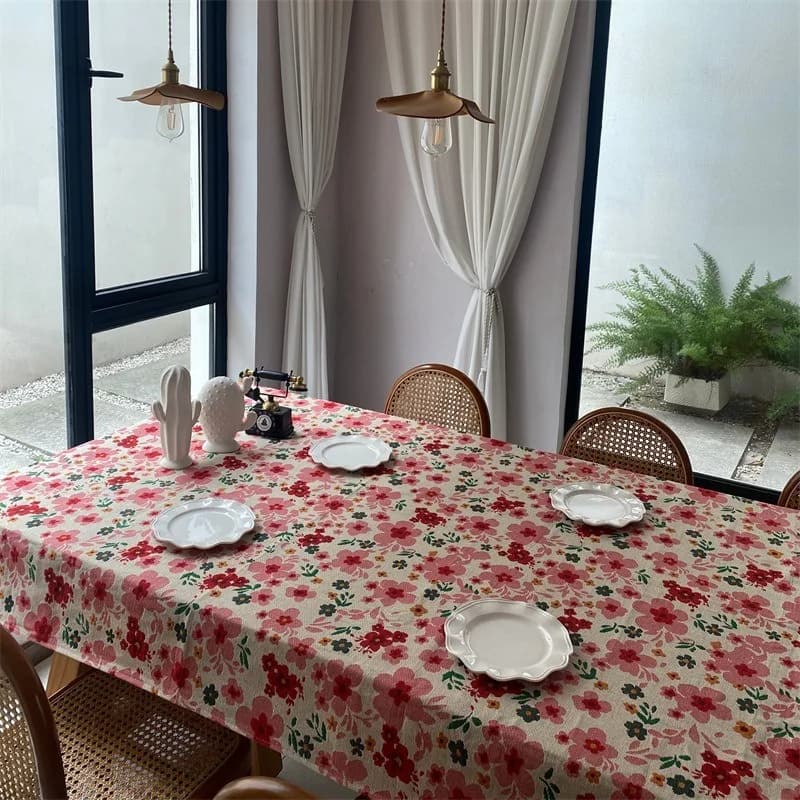 Mantel Rectangular Jacquard Floral Rosa Mezcla de Algodón