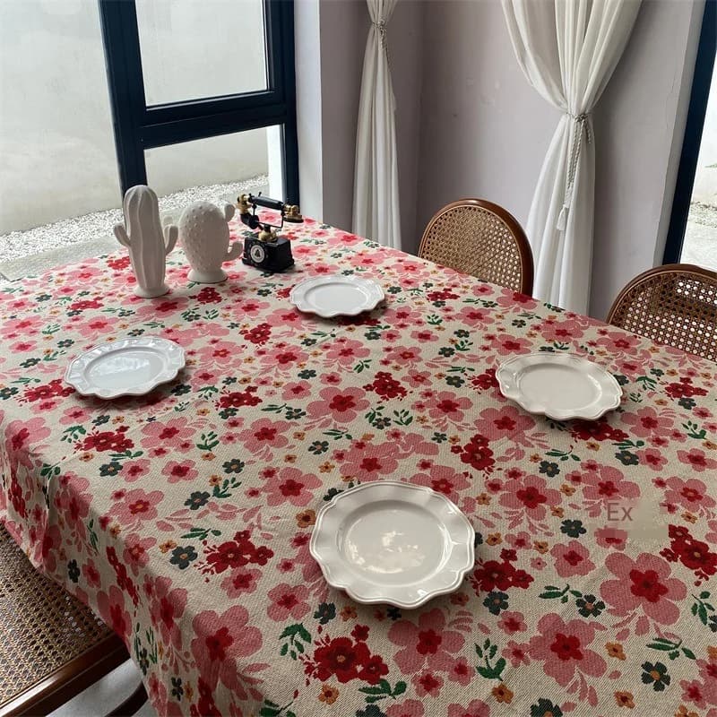 Mantel Rectangular Jacquard Floral Rosa Mezcla de Algodón