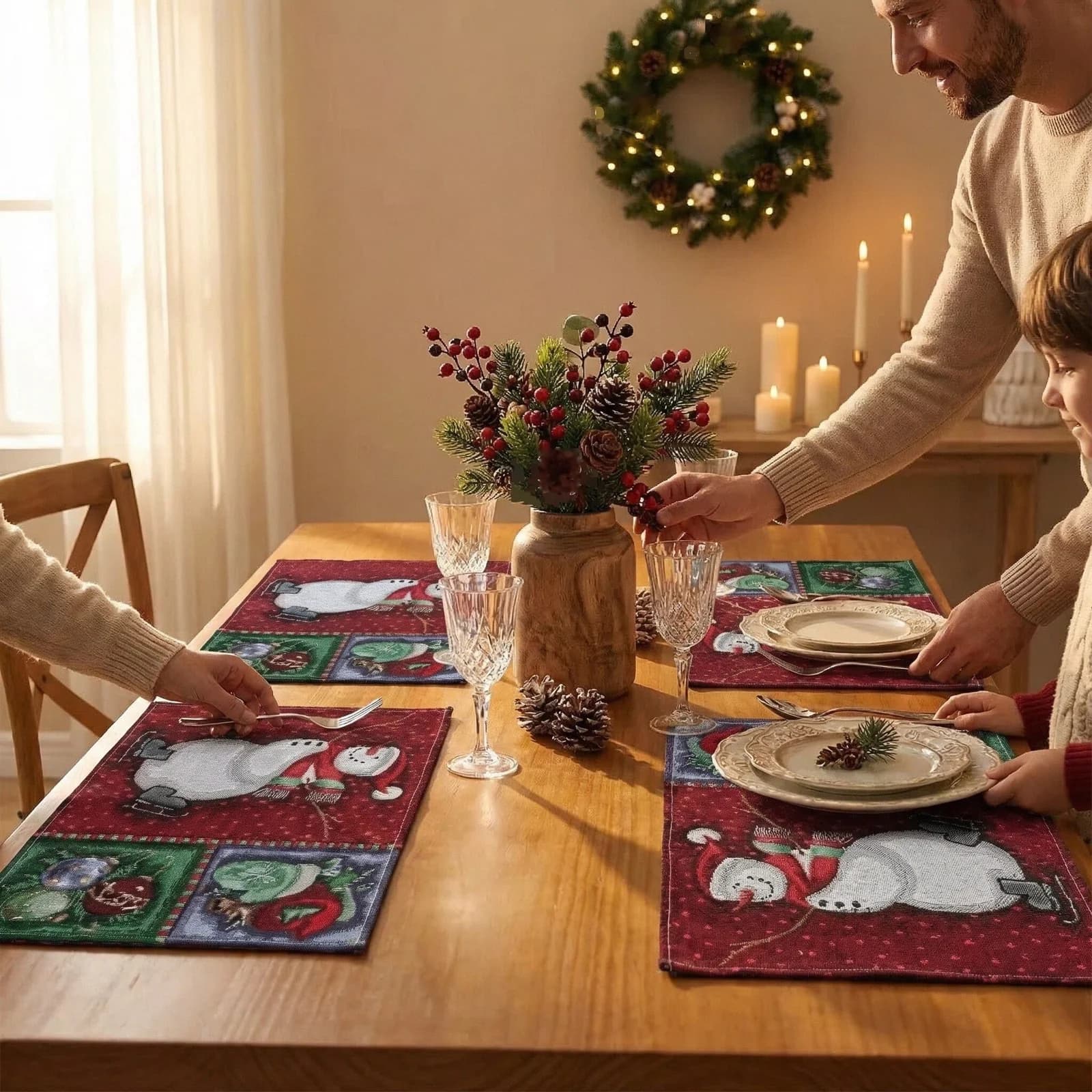 Camino de mesa navideño de mezcla de algodón y lino para decoración festiva