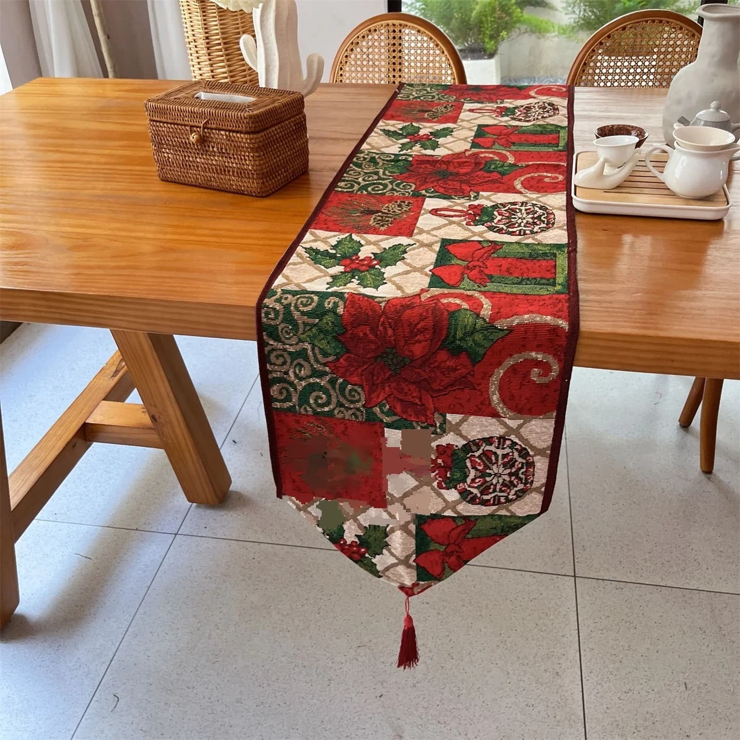 Camino de Mesa Navideño Floral Rojo para Comedor y Muebles