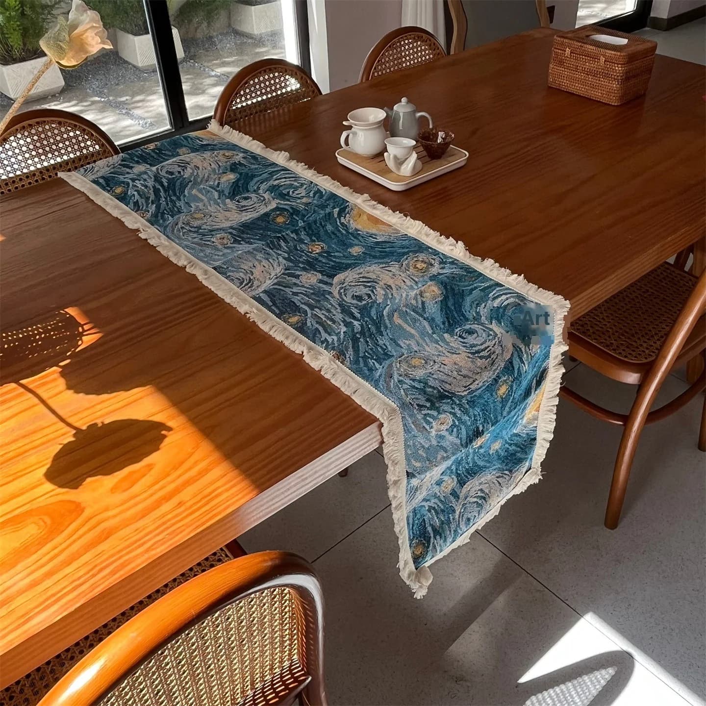 Camino de mesa estilo Van Gogh La noche estrellada, tela decorativa de mezcla de algodón