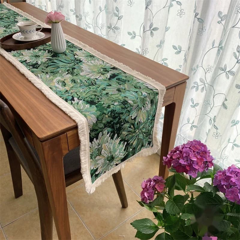 Camino de Mesa Jacquard Mezcla de Algodón Estampado Floral para Decoración de Comedor