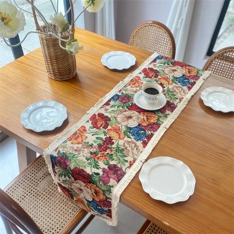 Camino de mesa estilo country americano floral en algodón y lino con borlas