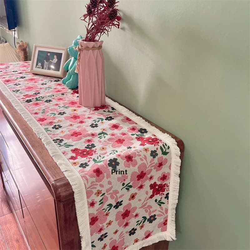 Camino de Mesa Estilo Country Americano, Mezcla de Algodón con Decoración Floral