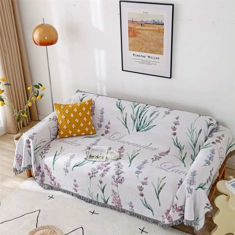 Manta de sofá de mezcla de algodón y lavanda francesa para sofá de tres plazas