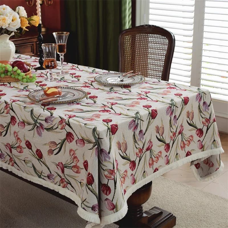Camino de Mesa y Mantel Estilo Italiano con Tulipanes y Flecos
