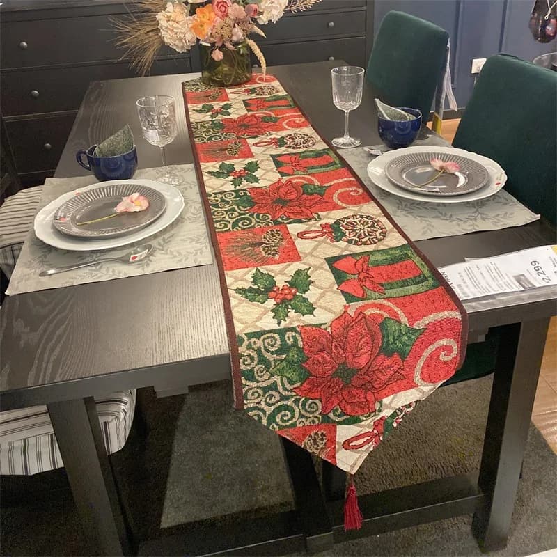 Camino de mesa navideño estilo pintura al óleo de poinsettia